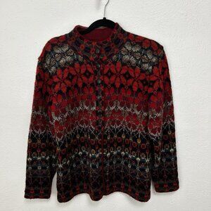 Intiwara 100% Alpaca Wool Red Multi Color Cardigan Sweater Handmade Bolivia Sz M